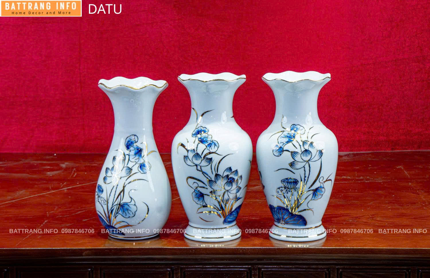 Lọ Hoa Sen Miệng Lượn Vẽ Vàng 24K Cao Cấp Bát Tràng