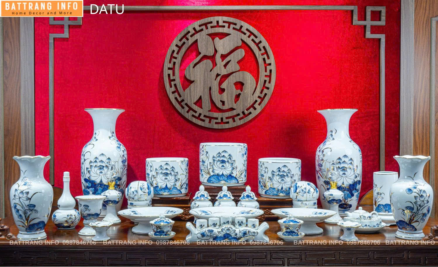 Bộ Đồ Thờ Hoa Sen Vẽ Vàng 24k Cao Cấp Bát Tràng