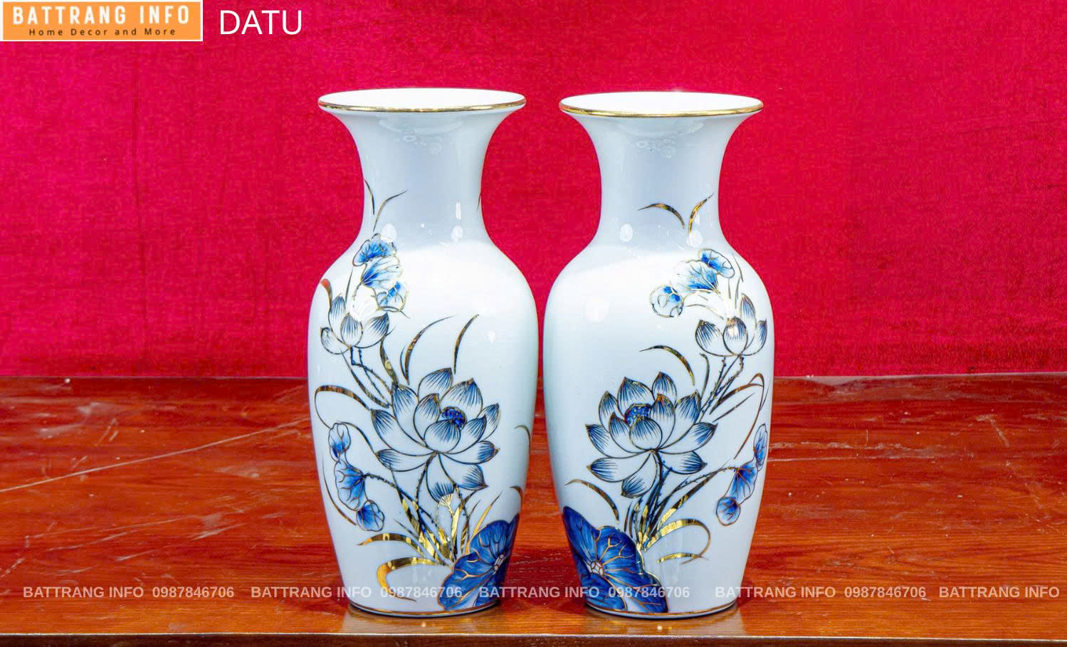 Lọ Hoa Sen Miệng Tròn  Vẽ Vàng 24K Cao Cấp Bát Tràng