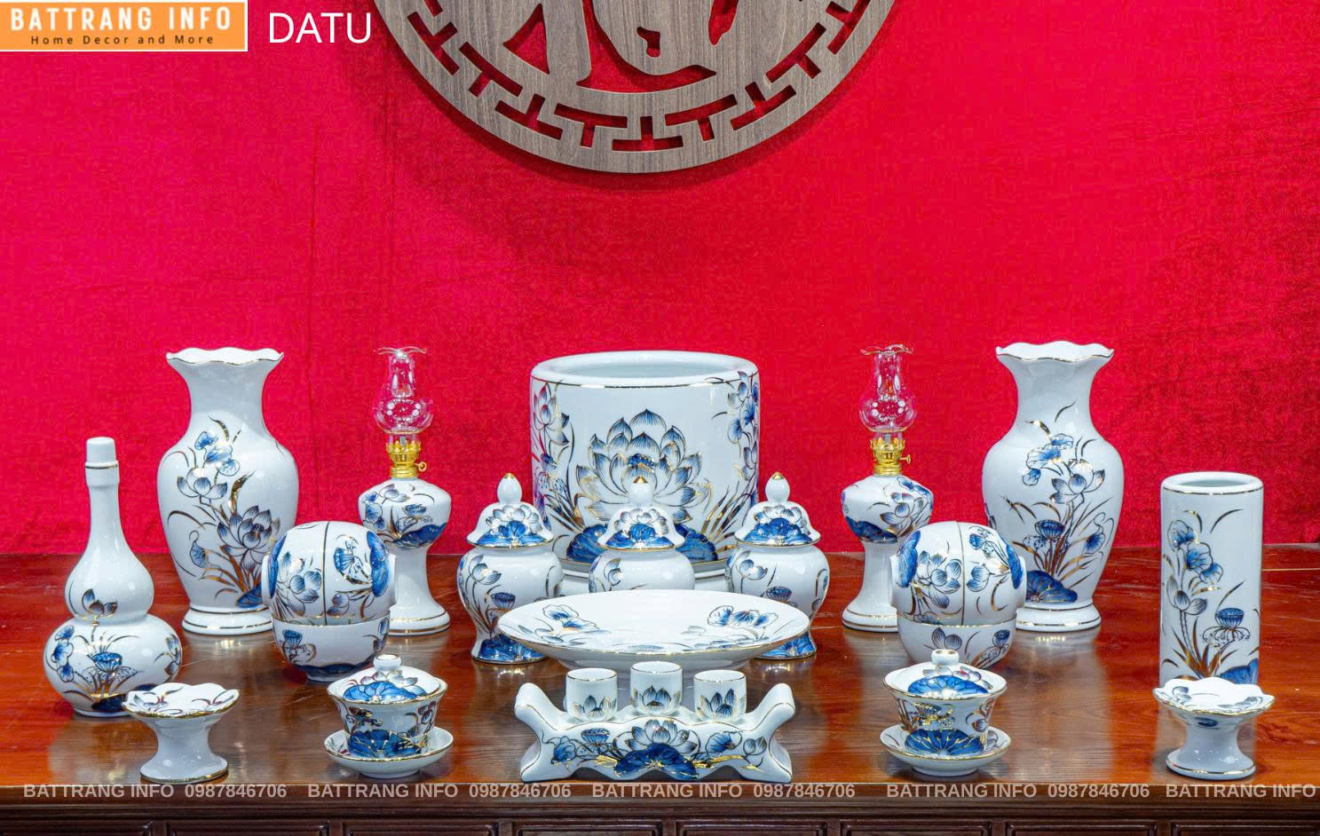 Bộ Đồ Thờ Hoa Sen Vẽ Vàng 24k Cao Cấp Bát Tràng