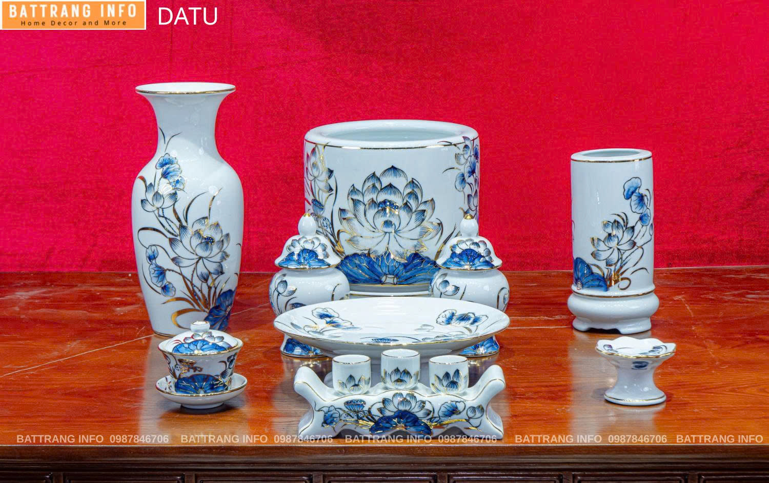 Bộ Đồ Thờ Hoa Sen Vẽ Vàng 24k Cao Cấp Bát Tràng