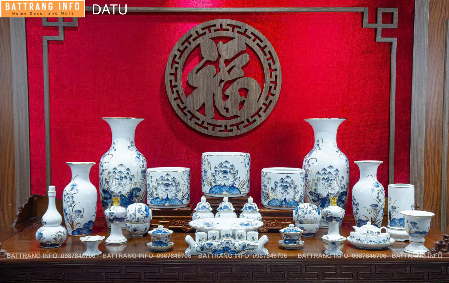 Bộ Đồ Thờ Hoa Sen Vẽ Vàng 24k Cao Cấp Bát Tràng