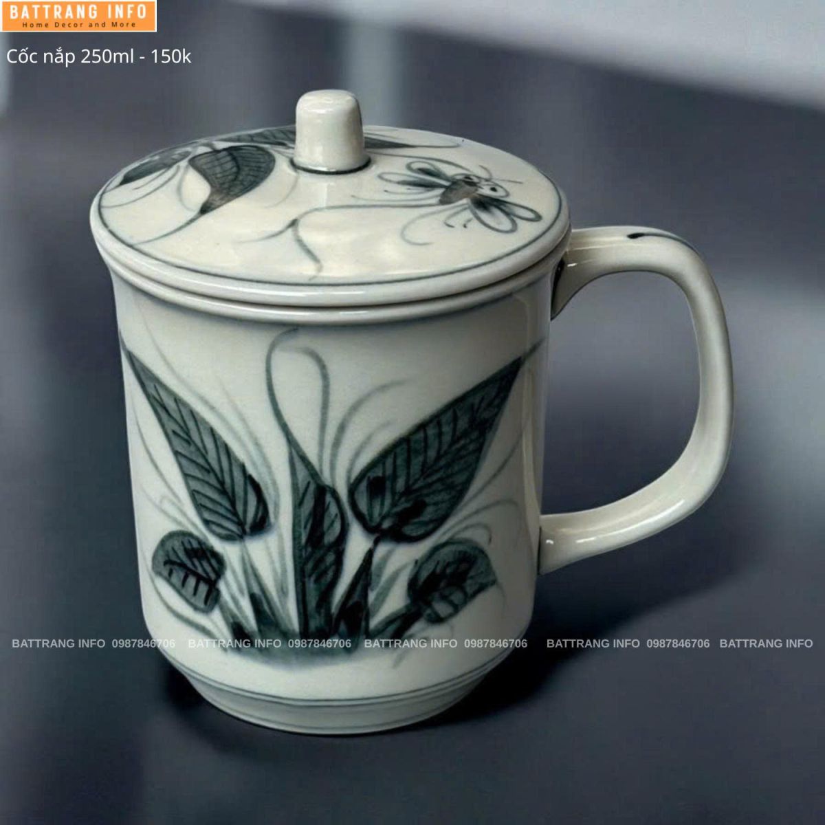 Cốc Văn Phòng Có Nắp Sứ Bát Tràng Cao Cấp 250ml