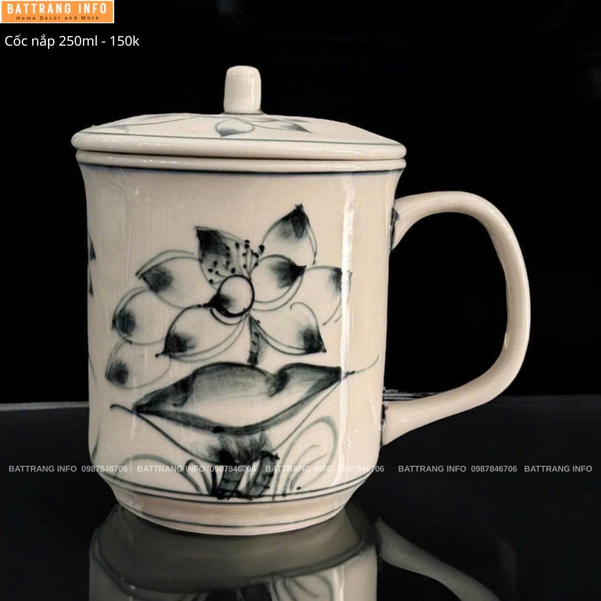 Cốc Văn Phòng Có Nắp Sứ Bát Tràng Cao Cấp 250ml