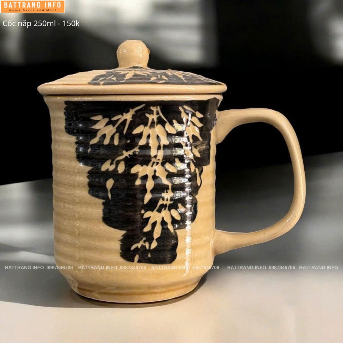 Cốc Văn Phòng Có Nắp Sứ Bát Tràng Cao Cấp 250ml