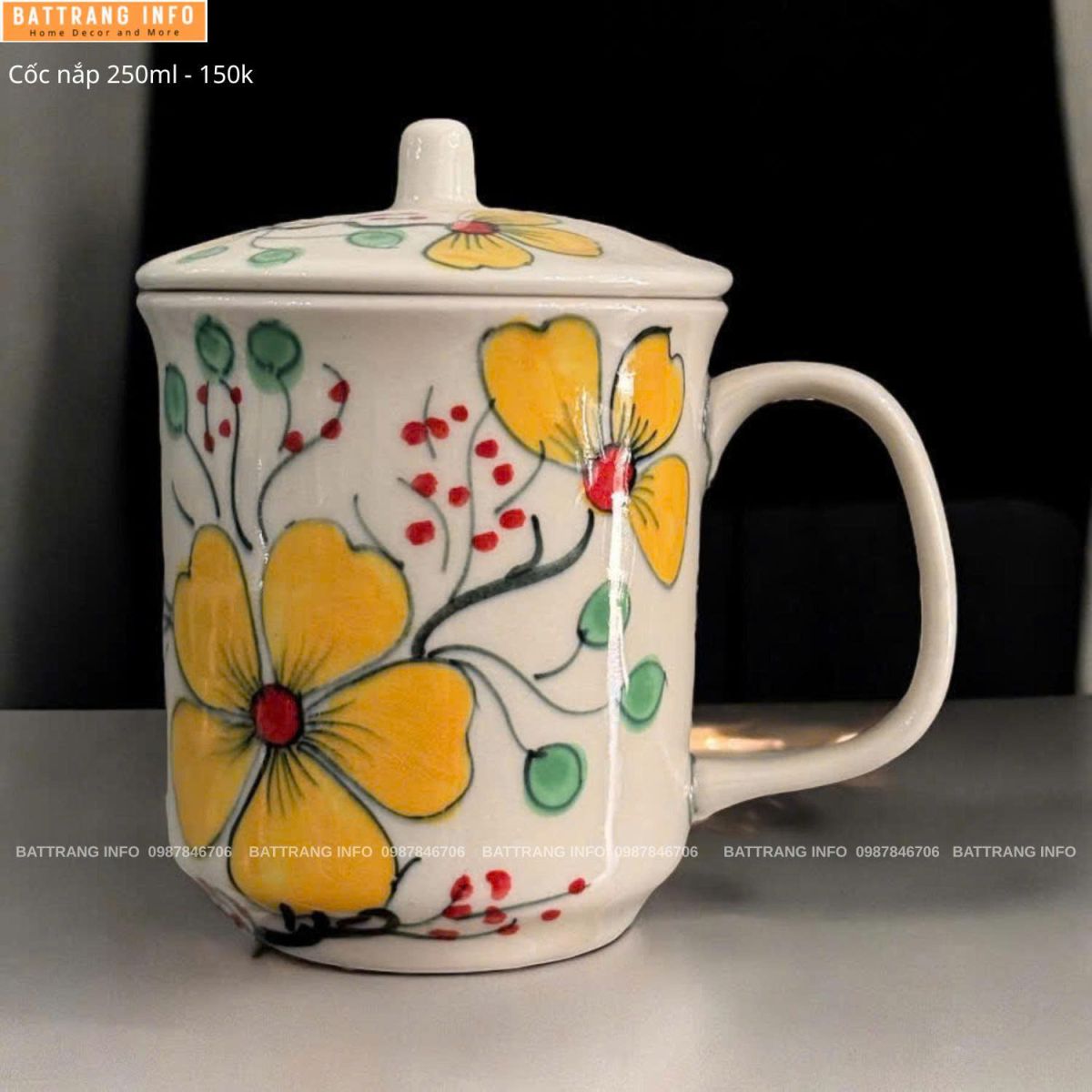 Cốc Văn Phòng Có Nắp Sứ Bát Tràng Cao Cấp 250ml