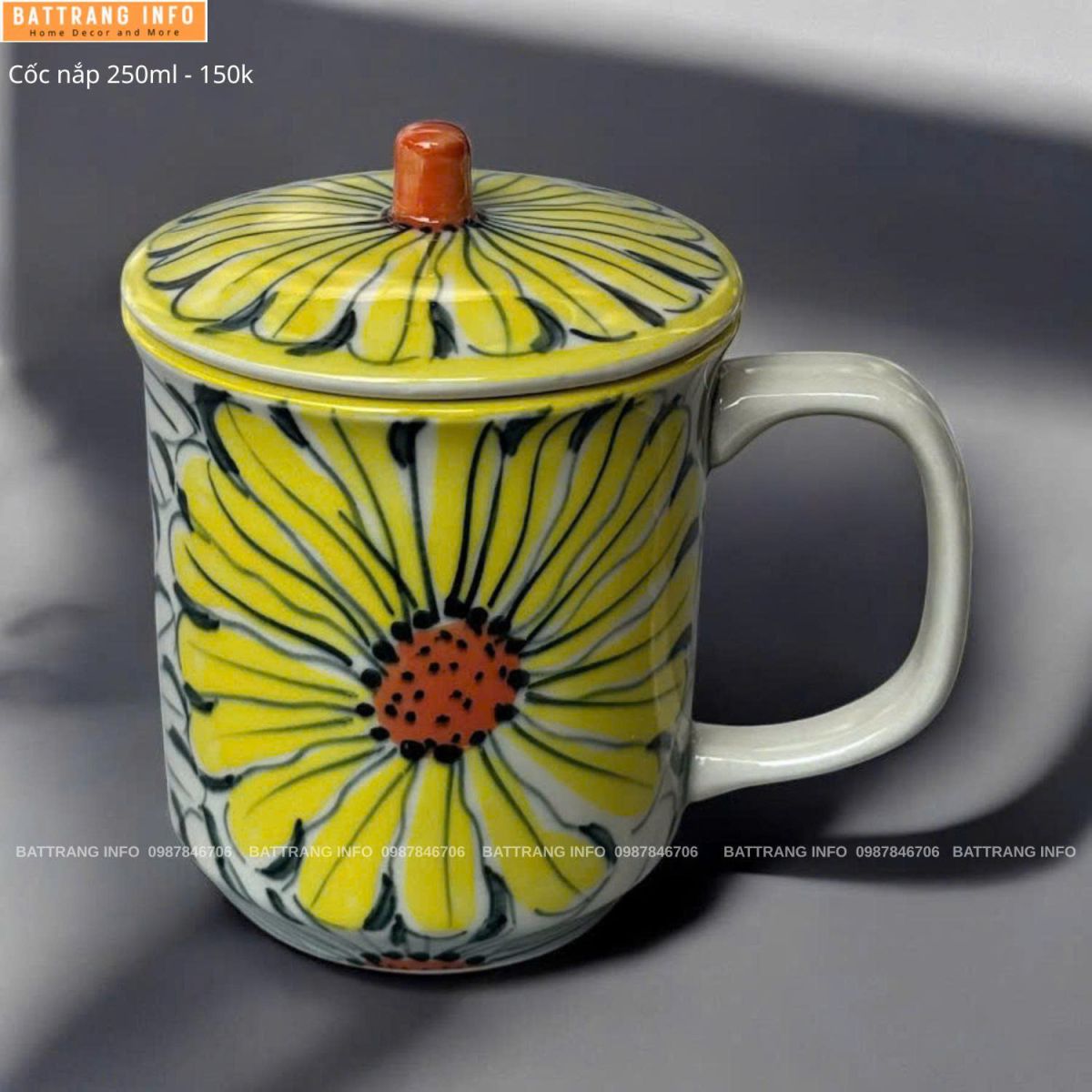 Cốc Văn Phòng Có Nắp Sứ Bát Tràng Cao Cấp 250ml