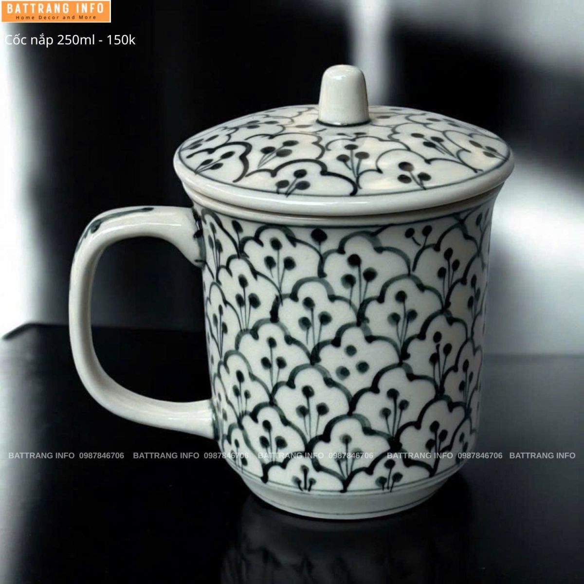 Cốc Văn Phòng Có Nắp Sứ Bát Tràng Cao Cấp 250ml