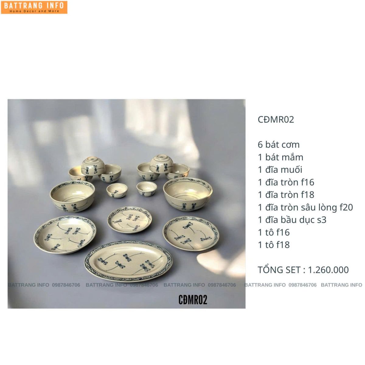 Bộ Bát Đĩa Chuồn Đôi Men Rạn Cao Cấp Bát Tràng