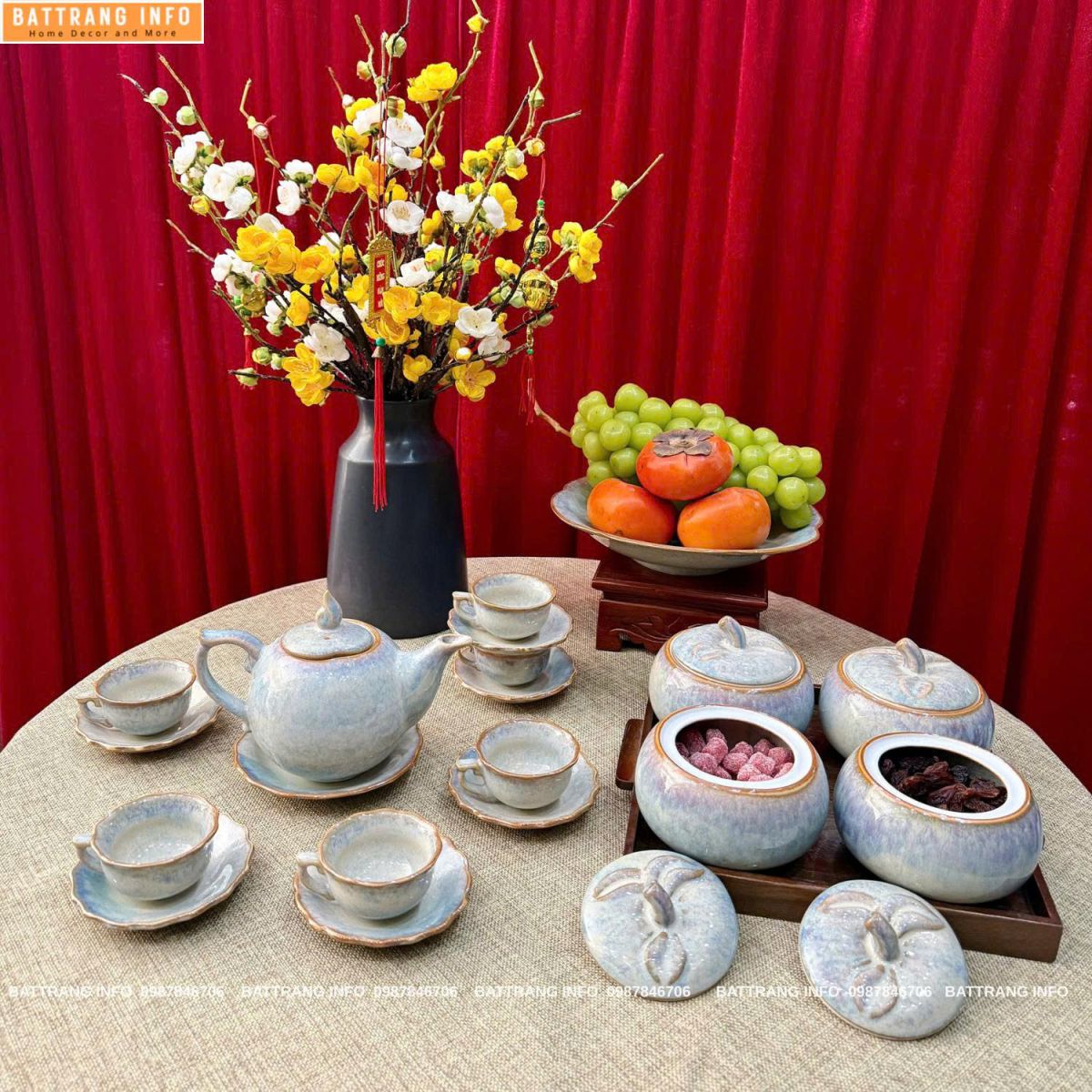 Combo Ấm Chén và Hũ Mứt Men Hoả Biến Cao Cấp Bát Tràng