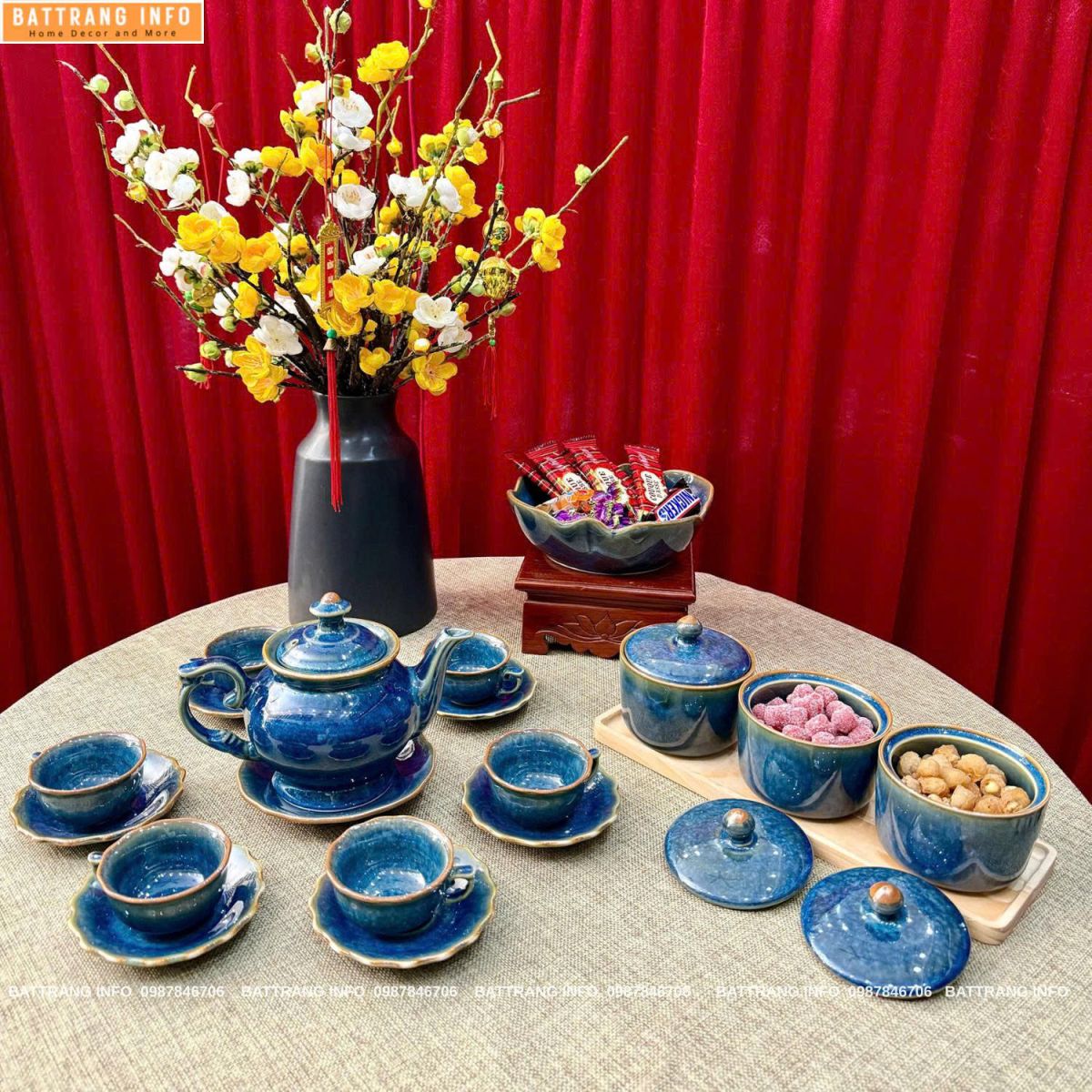 Combo Ấm Chén và Hũ Mứt Men Hoả Biến Cao Cấp Bát Tràng