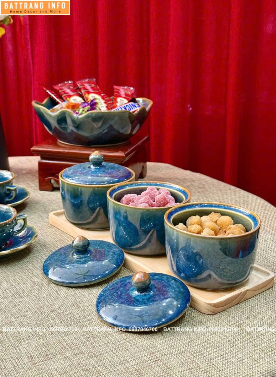 Combo Ấm Chén và Hũ Mứt Men Hoả Biến Cao Cấp Bát Tràng