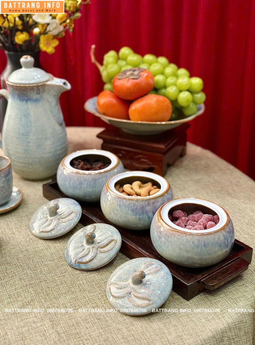 Combo Ấm Chén và Hũ Mứt Men Hoả Biến Cao Cấp Bát Tràng