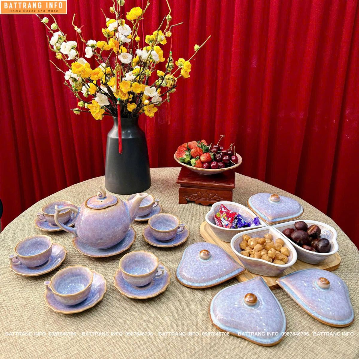 Combo Ấm Chén và Hũ Mứt Men Hoả Biến Cao Cấp Bát Tràng