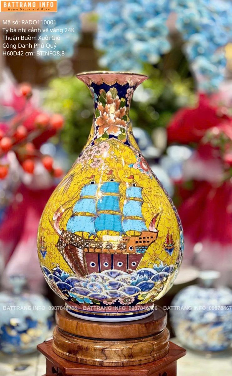 Tỳ Bà Nhị Cảnh Vẽ Vàng 24K – Thuận Buồm Xuôi Gió & Công Danh Phú Quý – Cao 60cm