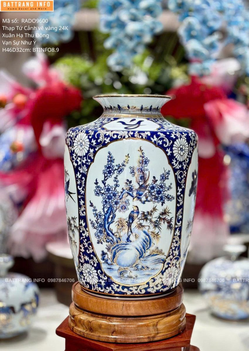 Thạp Tứ Cảnh Men Lam Vẽ Vàng 24K Cao 46cm – Thu hút tài lộc – Công danh hanh thông – Gia đạo bình an