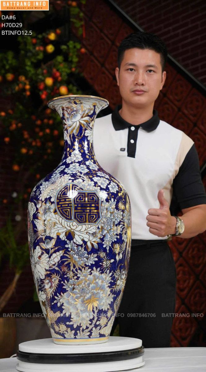 Bảo Bình Long Phụng Sum Vầy Men Lam Cao 70cm – Vẽ Vàng 24K Quà Tặng Phong Thủy Cao Cấp