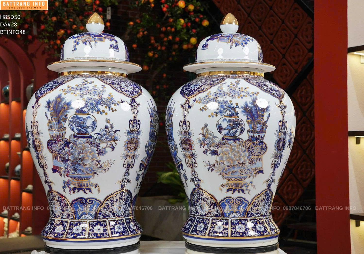 Cặp Choé Tứ Quý Cổ Đồ Vẽ Vàng 24k Cao 85cm