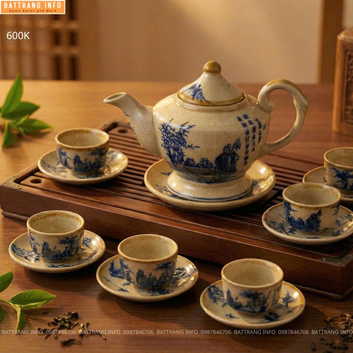 Bộ Ấm Chén Men Rạn Vẽ Giả Cổ Cao Cấp Bát Tràng