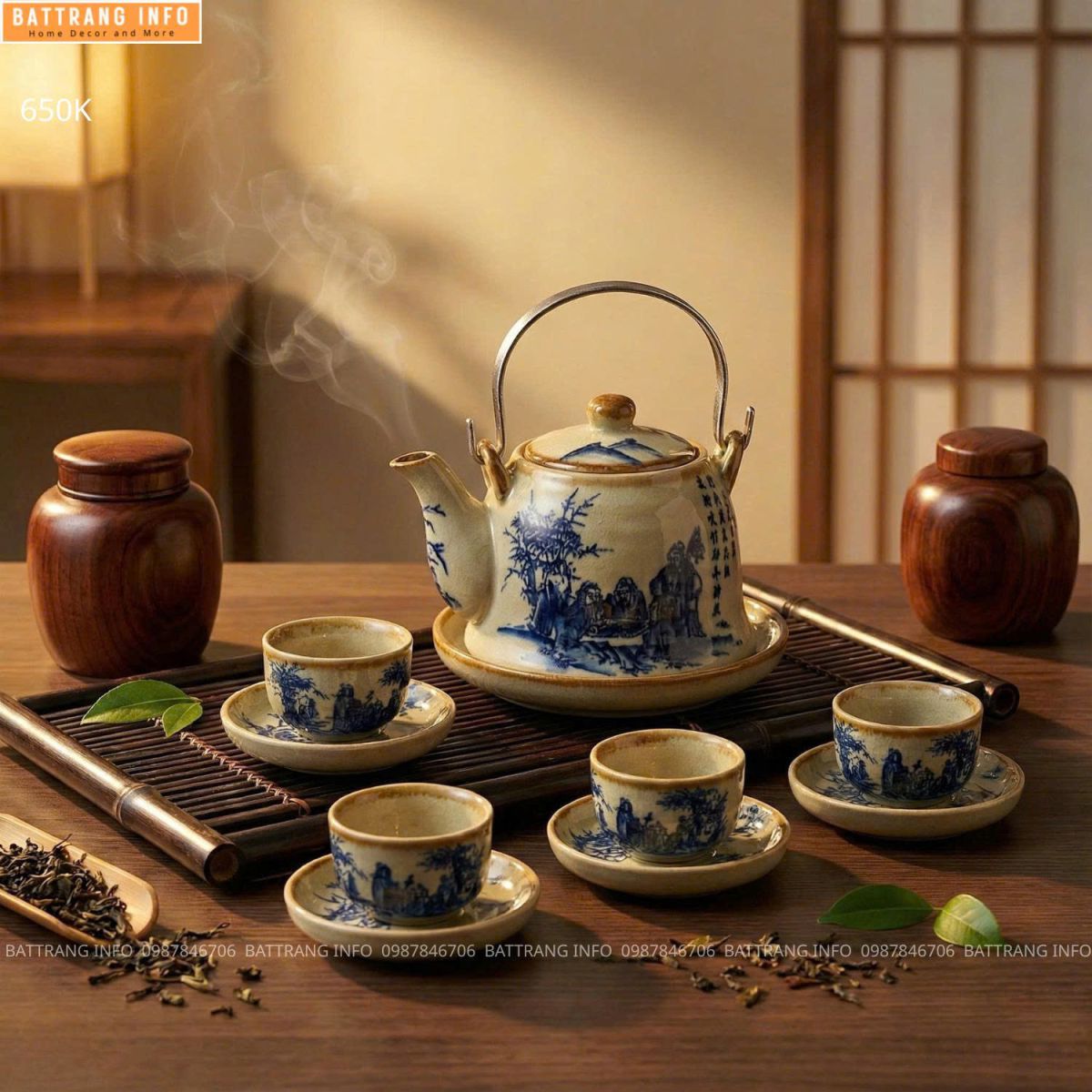 Bộ Ấm Chén Men Rạn Vẽ Giả Cổ Cao Cấp Bát Tràng