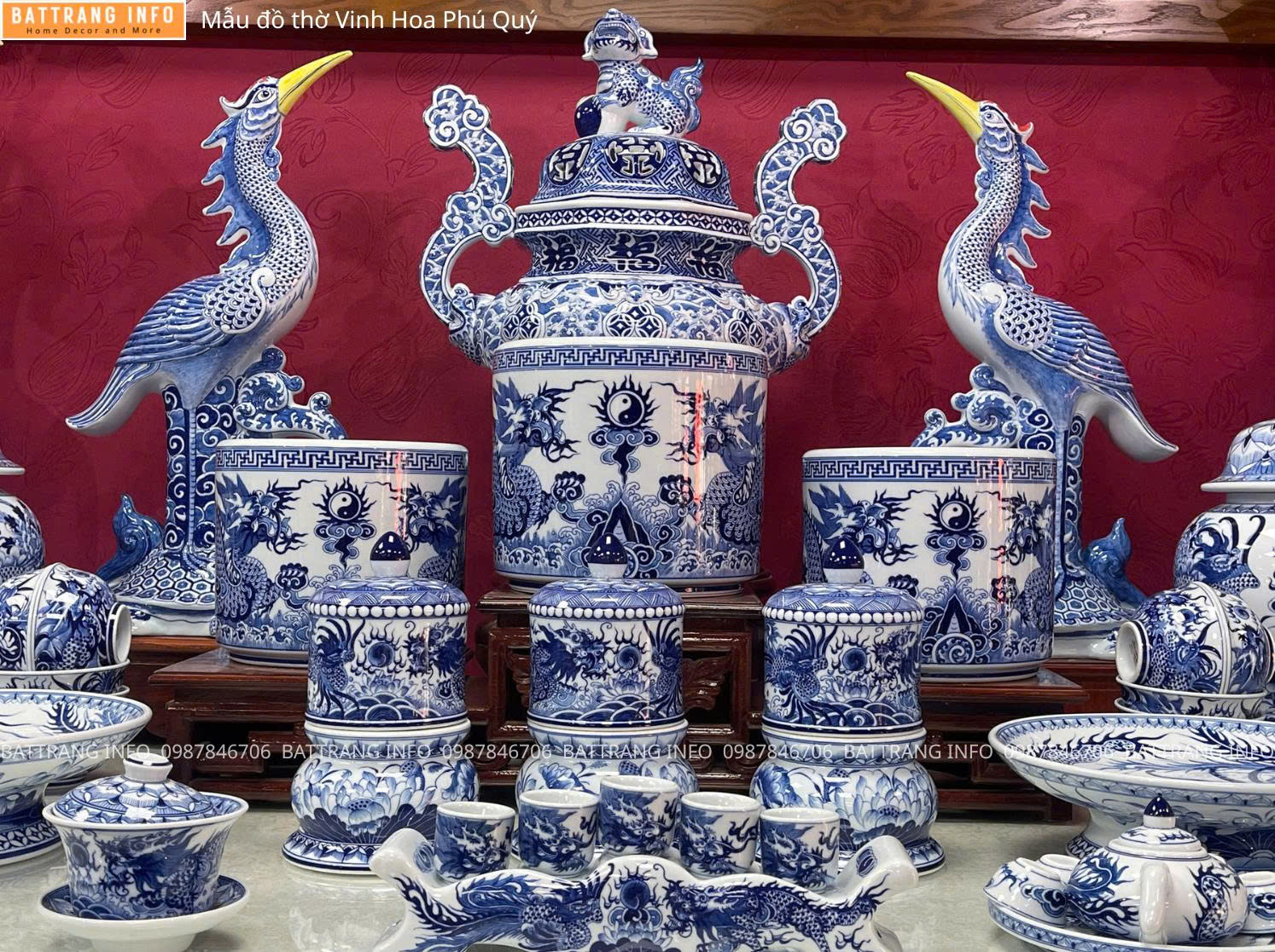 Bộ Đồ Thờ Vinh Hoa Phú Quý Men Lam Vẽ Tay Cao Cấp Bát Tràng