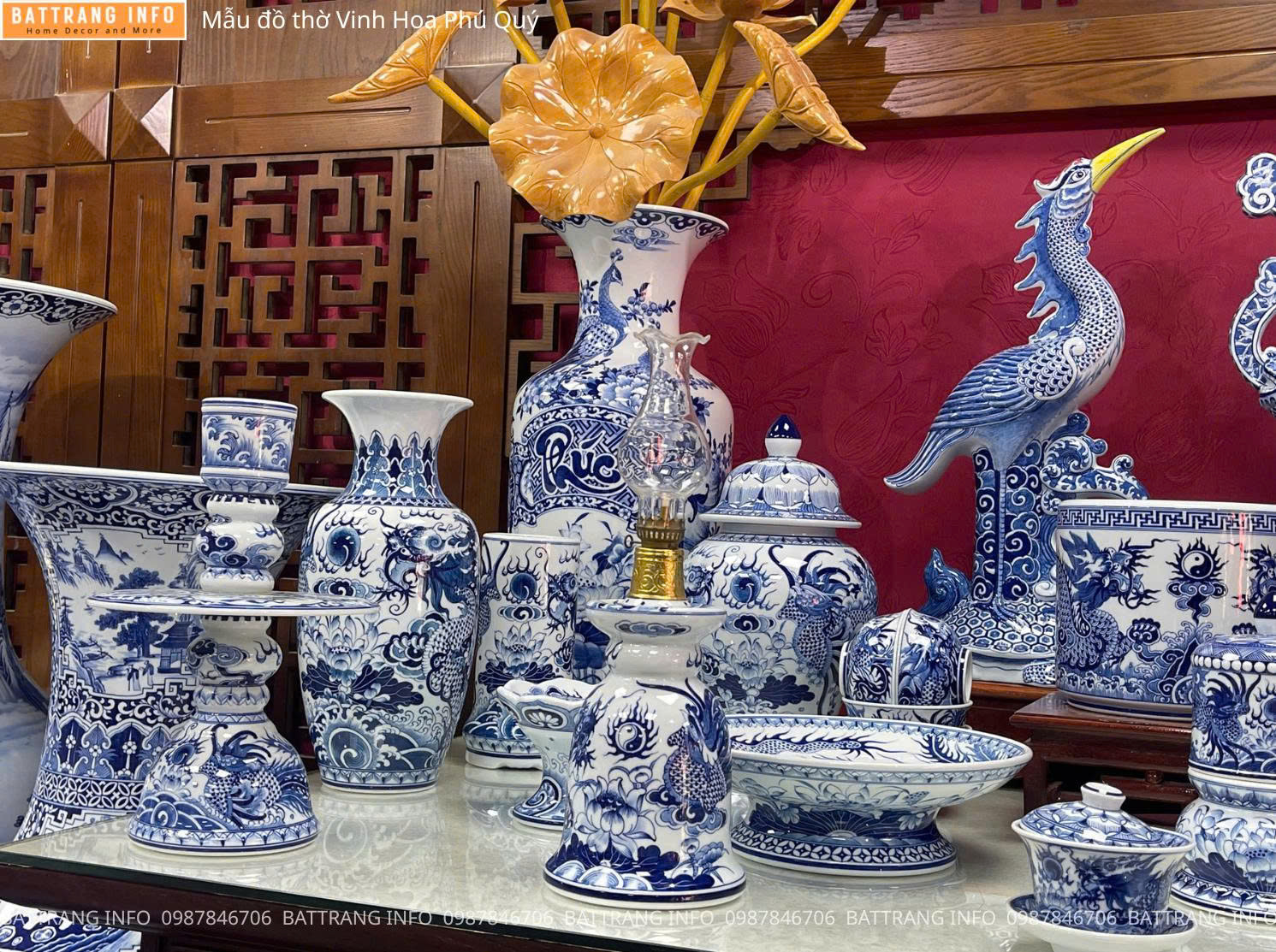 Bộ Đồ Thờ Vinh Hoa Phú Quý Men Lam Vẽ Tay Cao Cấp Bát Tràng