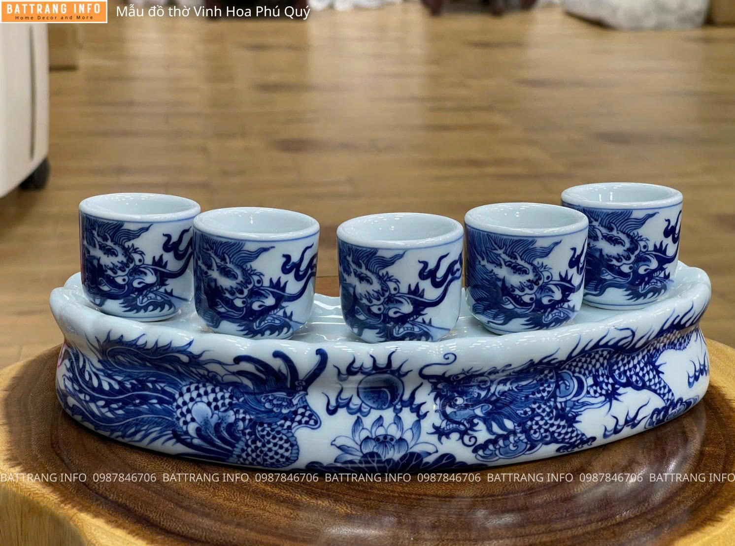 Bộ Đồ Thờ Vinh Hoa Phú Quý Men Lam Vẽ Tay Cao Cấp Bát Tràng  - Kỷ Cong 5 Chén