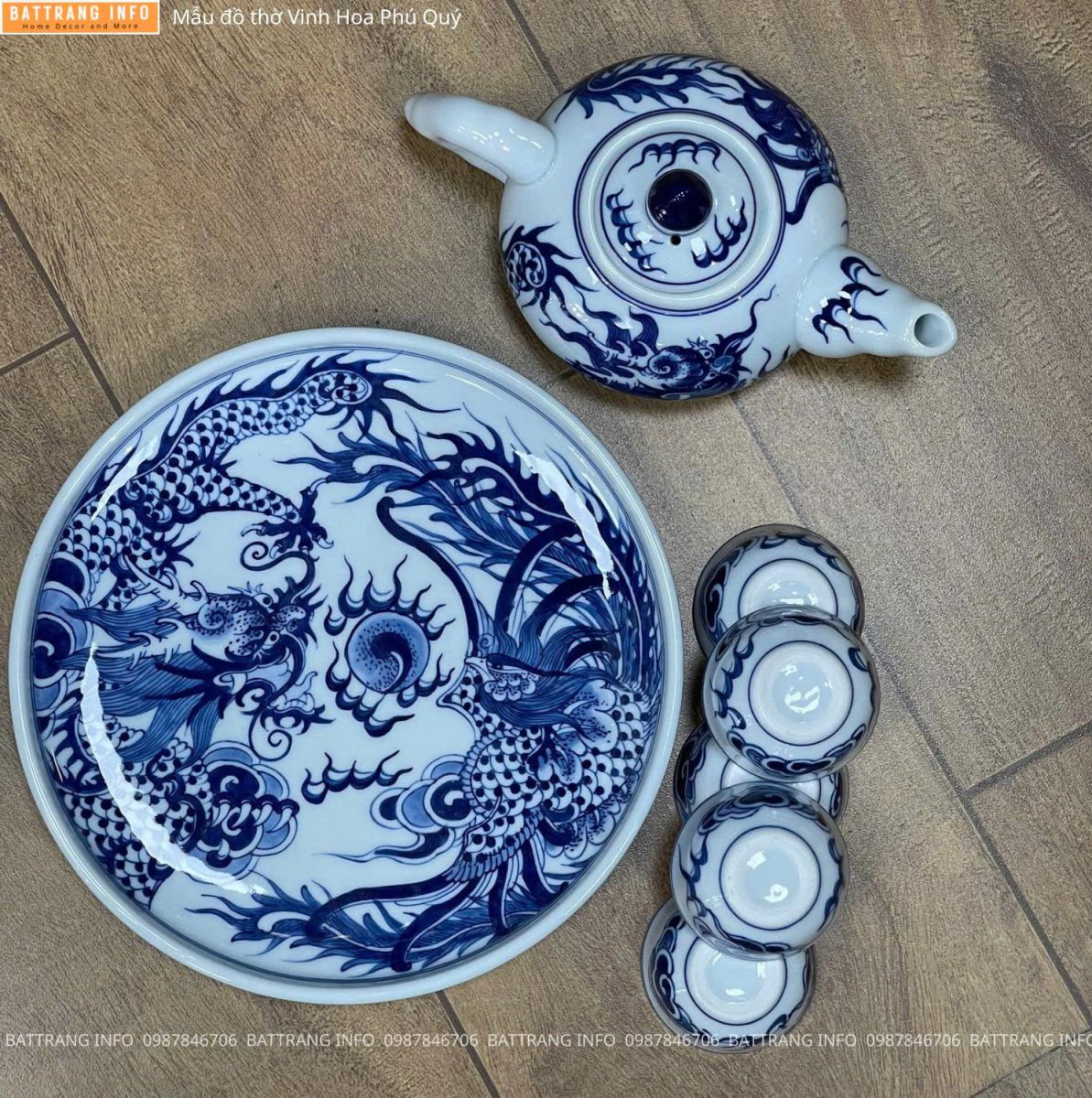 Bộ Đồ Thờ Vinh Hoa Phú Quý Men Lam Vẽ Tay Cao Cấp Bát Tràng  - Bộ Trà 2