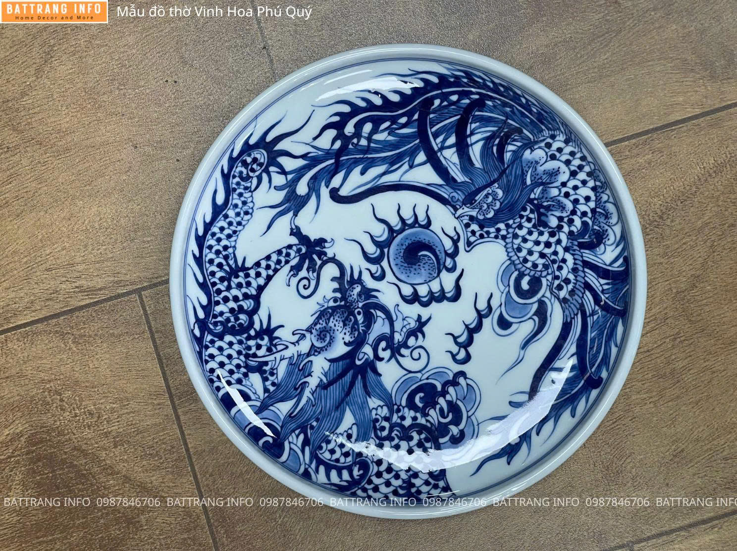 Bộ Đồ Thờ Vinh Hoa Phú Quý Men Lam Vẽ Tay Cao Cấp Bát Tràng - Mâm Bồng 2