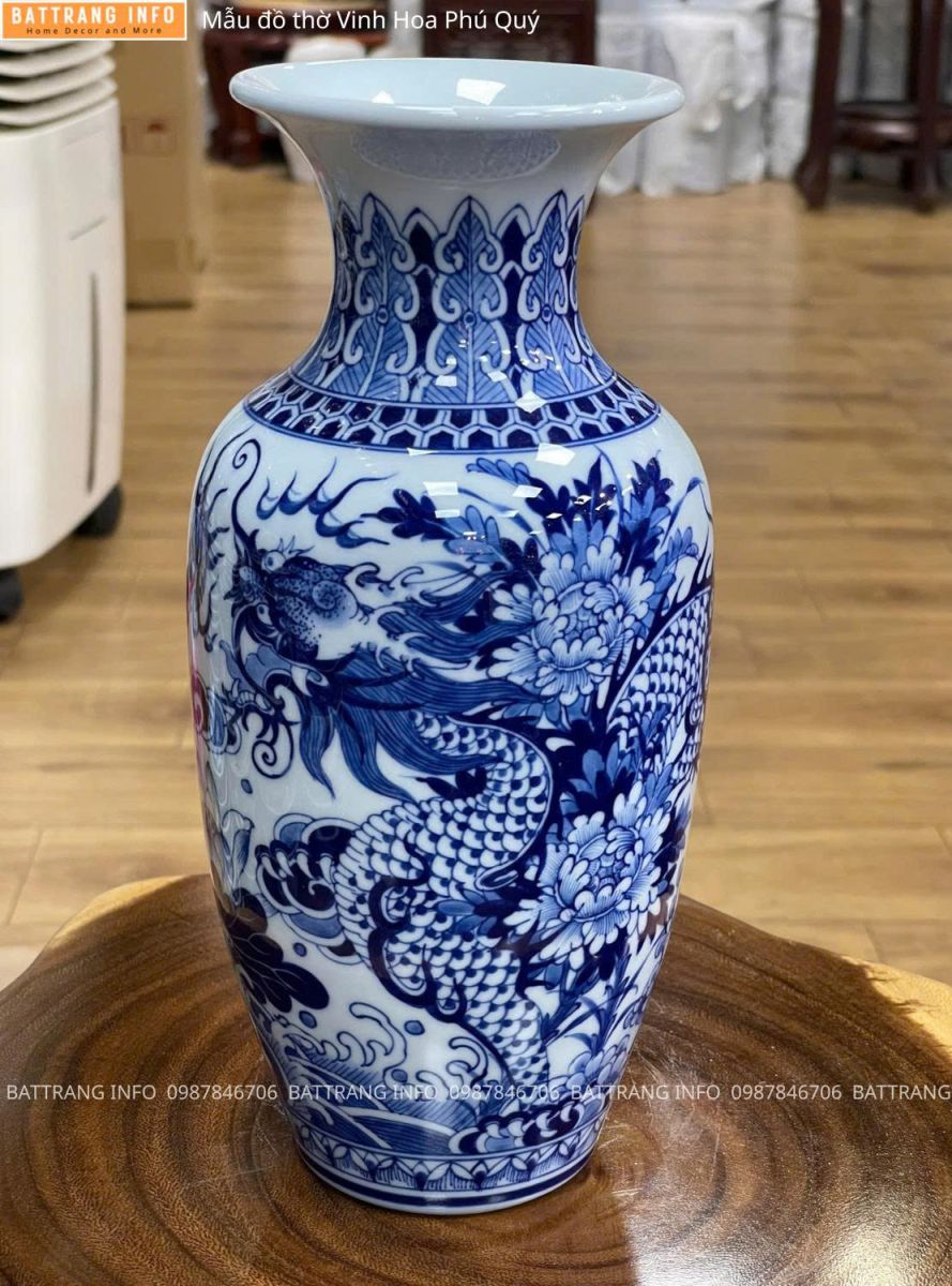 Bộ Đồ Thờ Vinh Hoa Phú Quý Men Lam Vẽ Tay Cao Cấp Bát Tràng –  Lọ Hoa Miệng Tròn 2