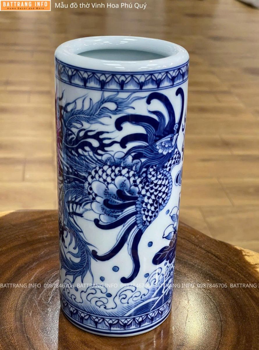 Bộ Đồ Thờ Vinh Hoa Phú Quý Men Lam Vẽ Tay Cao Cấp Bát Tràng – Ống Hương 2