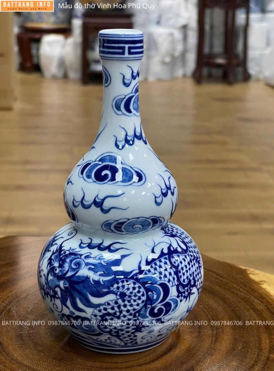 Bộ Đồ Thờ Vinh Hoa Phú Quý Men Lam Vẽ Tay Cao Cấp Bát Tràng – Nậm Rượu 2