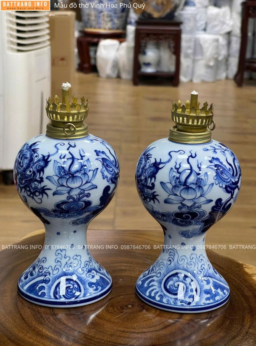 Bộ Đồ Thờ Vinh Hoa Phú Quý Men Lam Vẽ Tay Cao Cấp Bát Tràng – Đèn Dầu