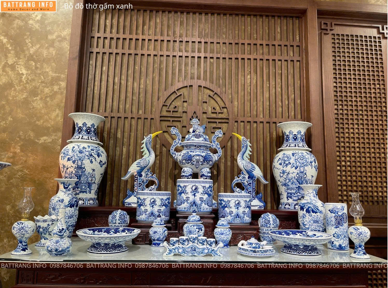 Bộ Đồ Thờ Gấm Xanh Cao Cấp Bát Tràng
