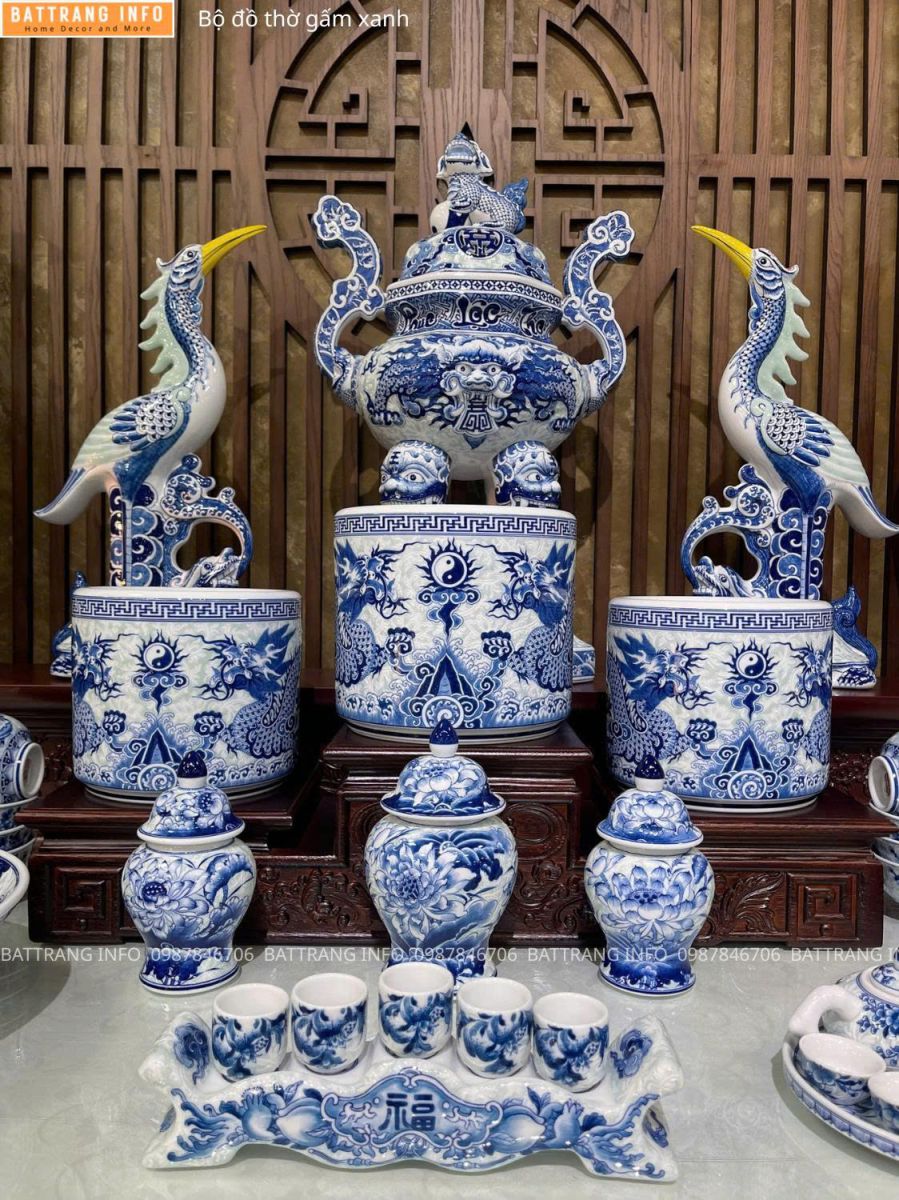 Bộ Đồ Thờ Gấm Xanh Cao Cấp Bát Tràng
