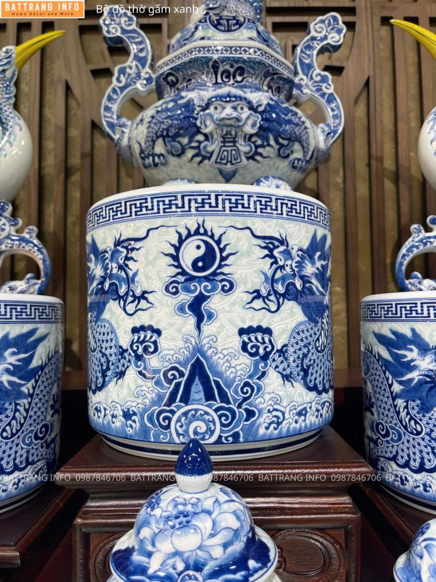 Bộ Đồ Thờ Gấm Xanh Cao Cấp Bát Tràng