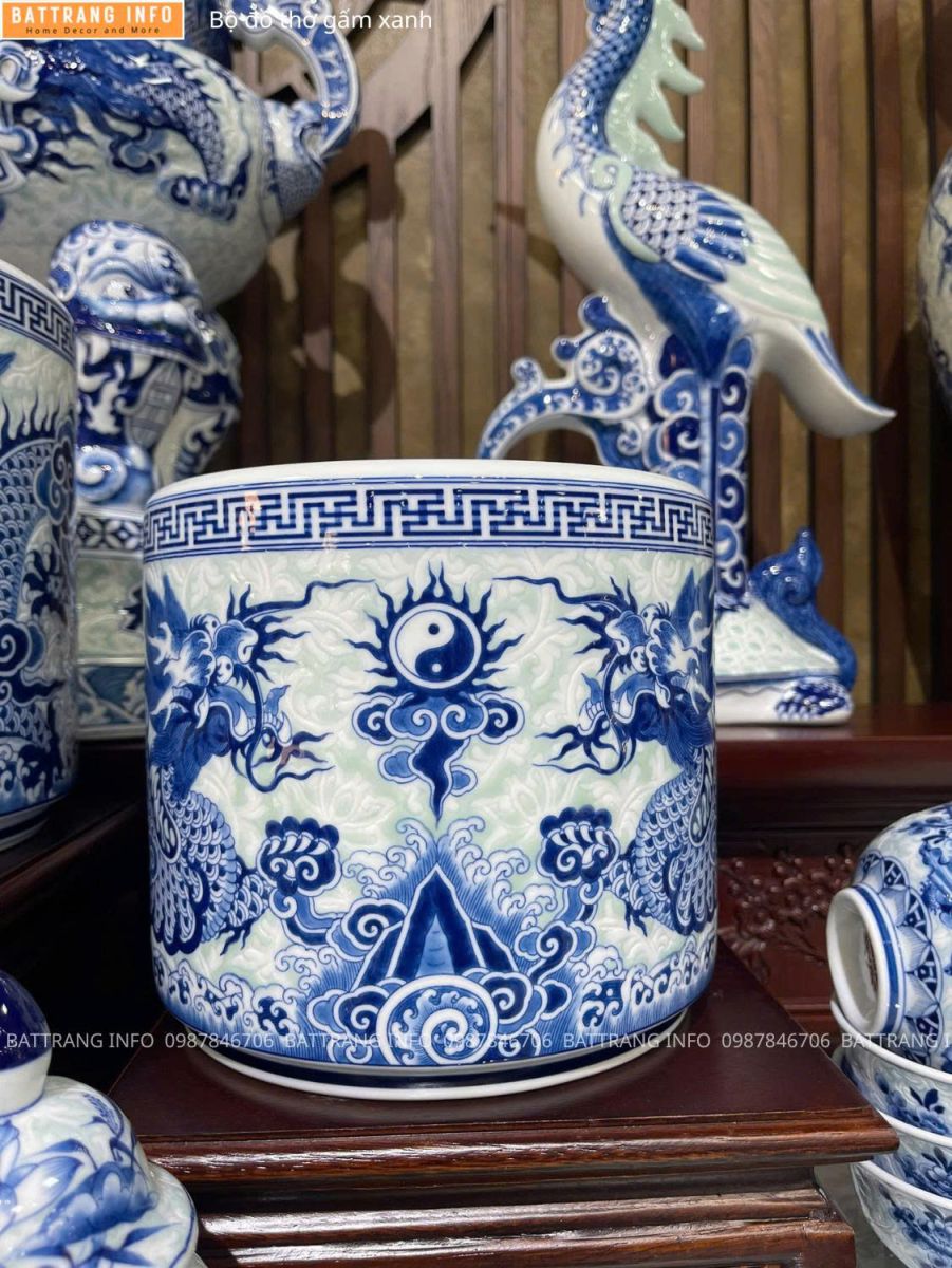 Bộ Đồ Thờ Gấm Xanh Cao Cấp Bát Tràng