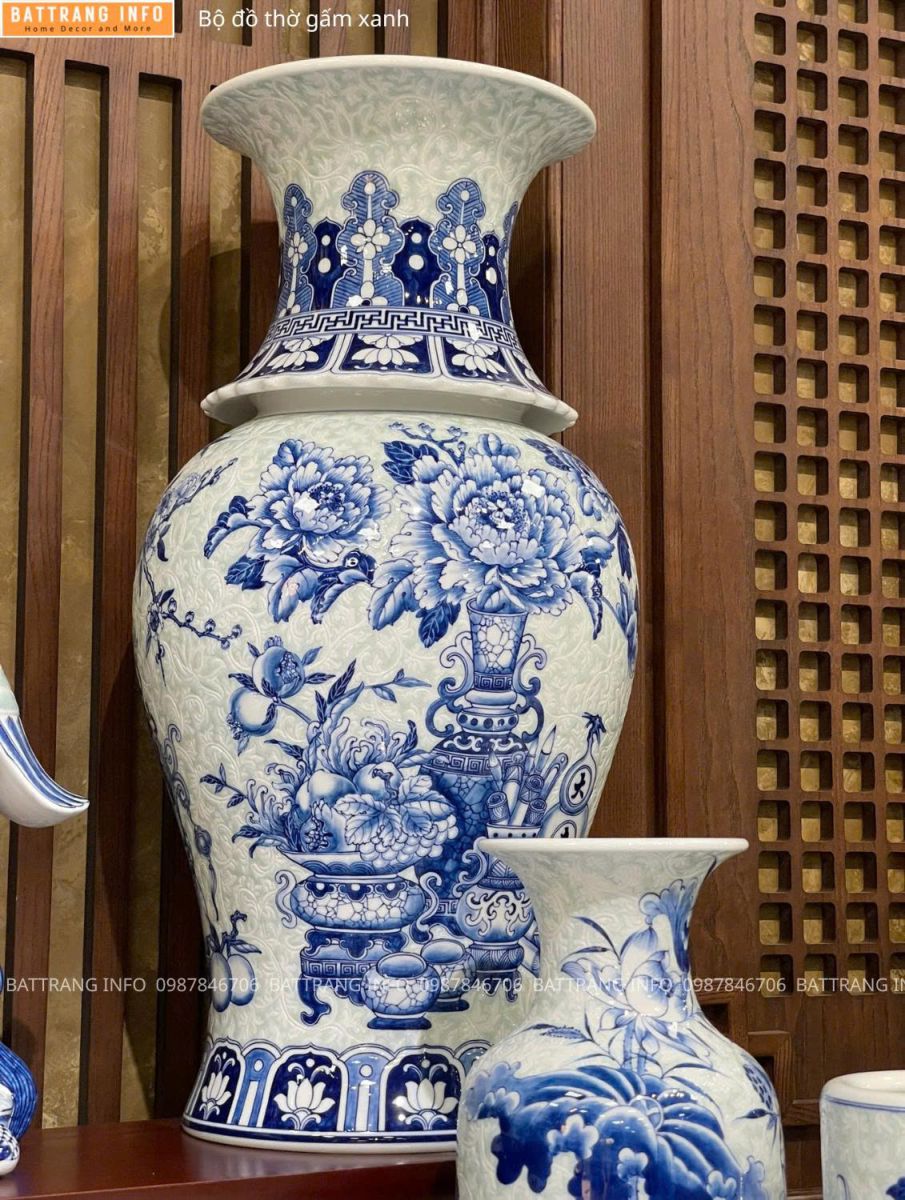 Bộ Đồ Thờ Gấm Xanh Cao Cấp Bát Tràng