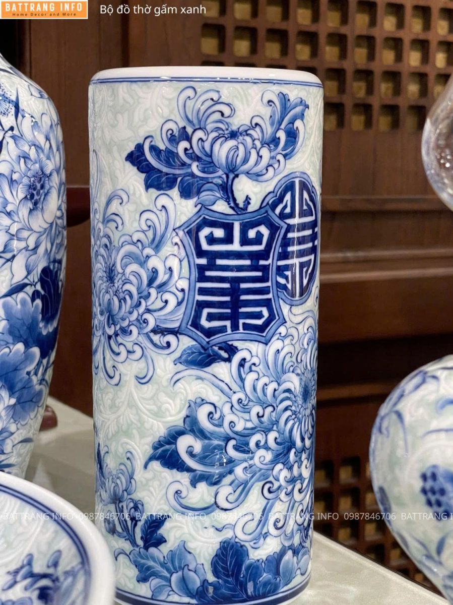 Bộ Đồ Thờ Gấm Xanh Cao Cấp Bát Tràng