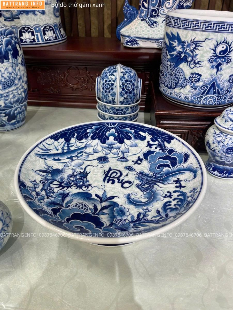 Bộ Đồ Thờ Gấm Xanh Cao Cấp Bát Tràng