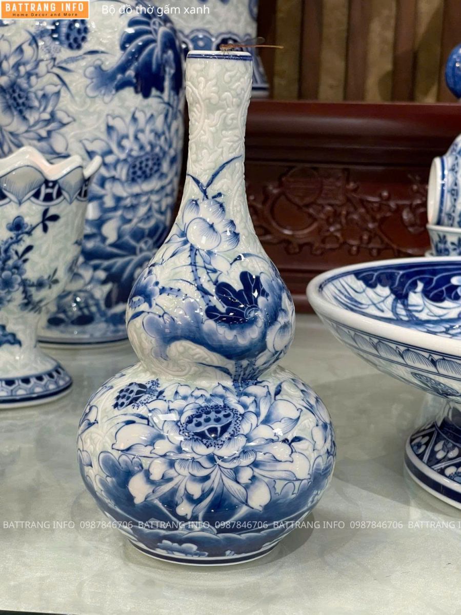 Bộ Đồ Thờ Gấm Xanh Cao Cấp Bát Tràng