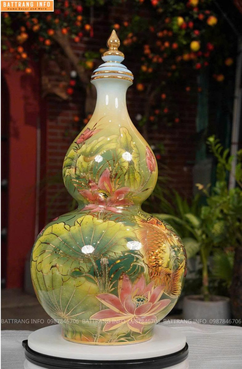 Hồ Lô Sen Cá Nền 3D Vẽ Vàng 24K Cao Cấp Bát Tràng