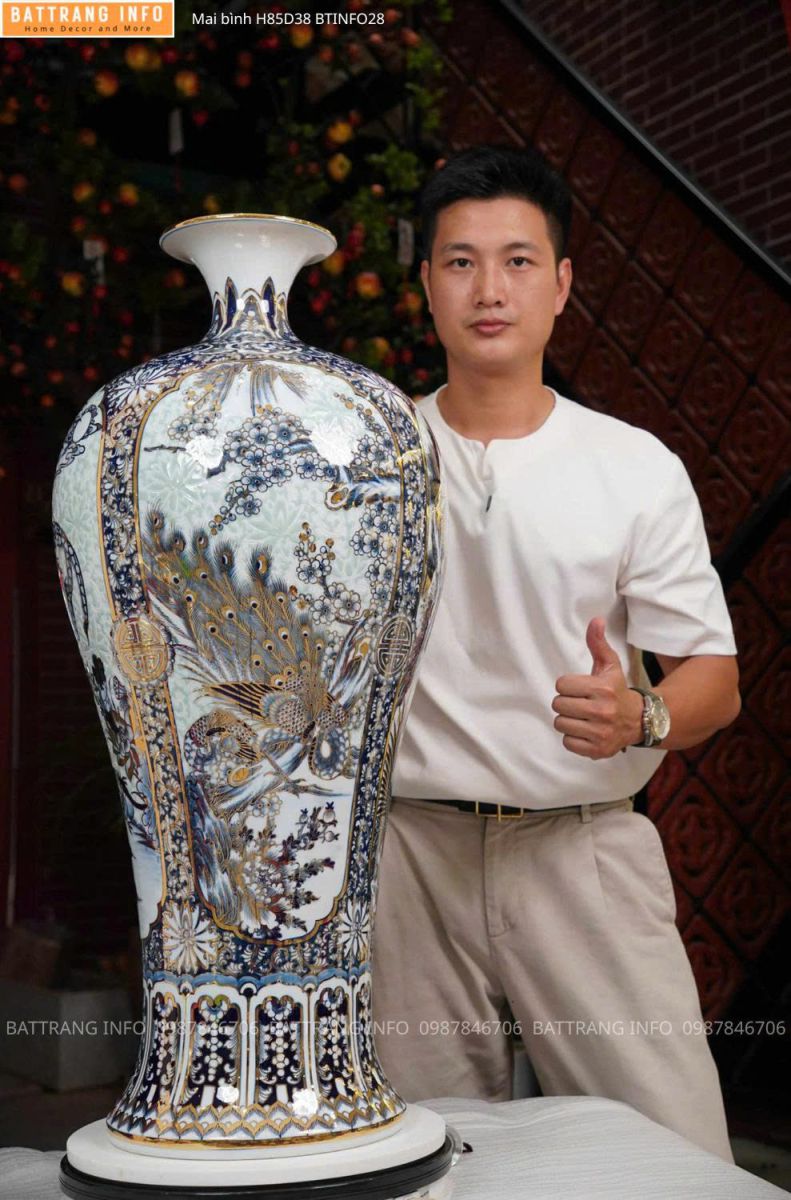  Mai Bình Tứ Cảnh Nền Gấm Vẽ Vàng 24K Cao 85cm