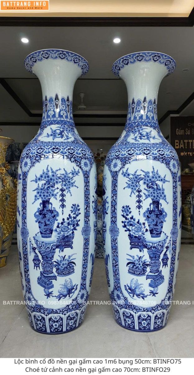 Lộc Bình Tứ Cảnh Cổ Đồ Nền Gấm Cao 1m6 Cao Cấp Bát Tràng