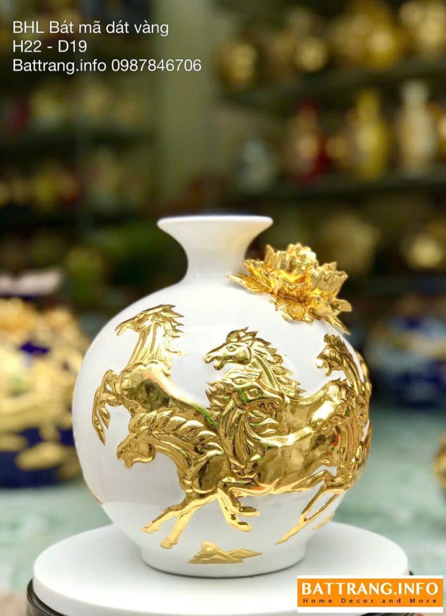 Bình Hút Lộc Mã Đáo Thành Công Men Màu Đắp Nổi Dát Vàng Cao 22cm
