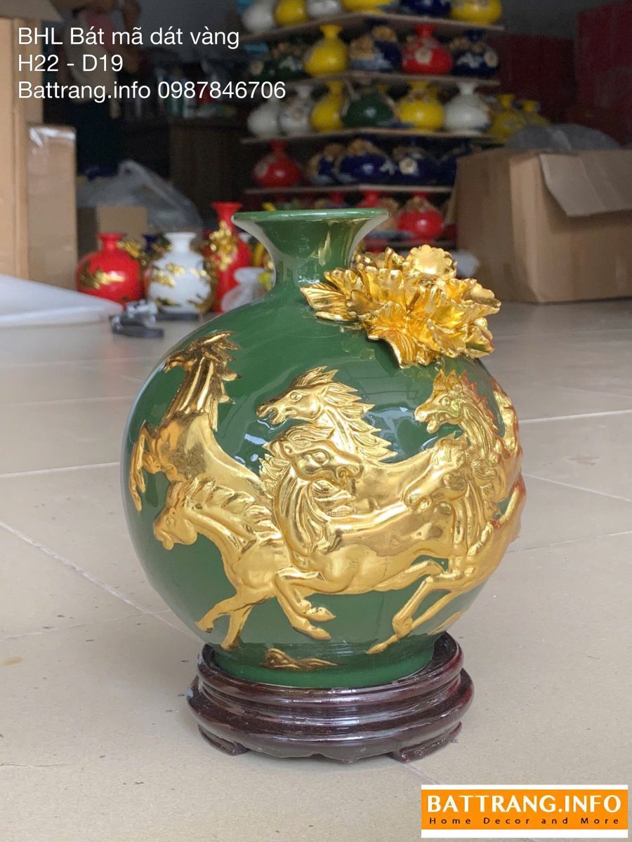 Bình Hút Lộc Mã Đáo Thành Công Men Màu Đắp Nổi Dát Vàng Cao 22cm