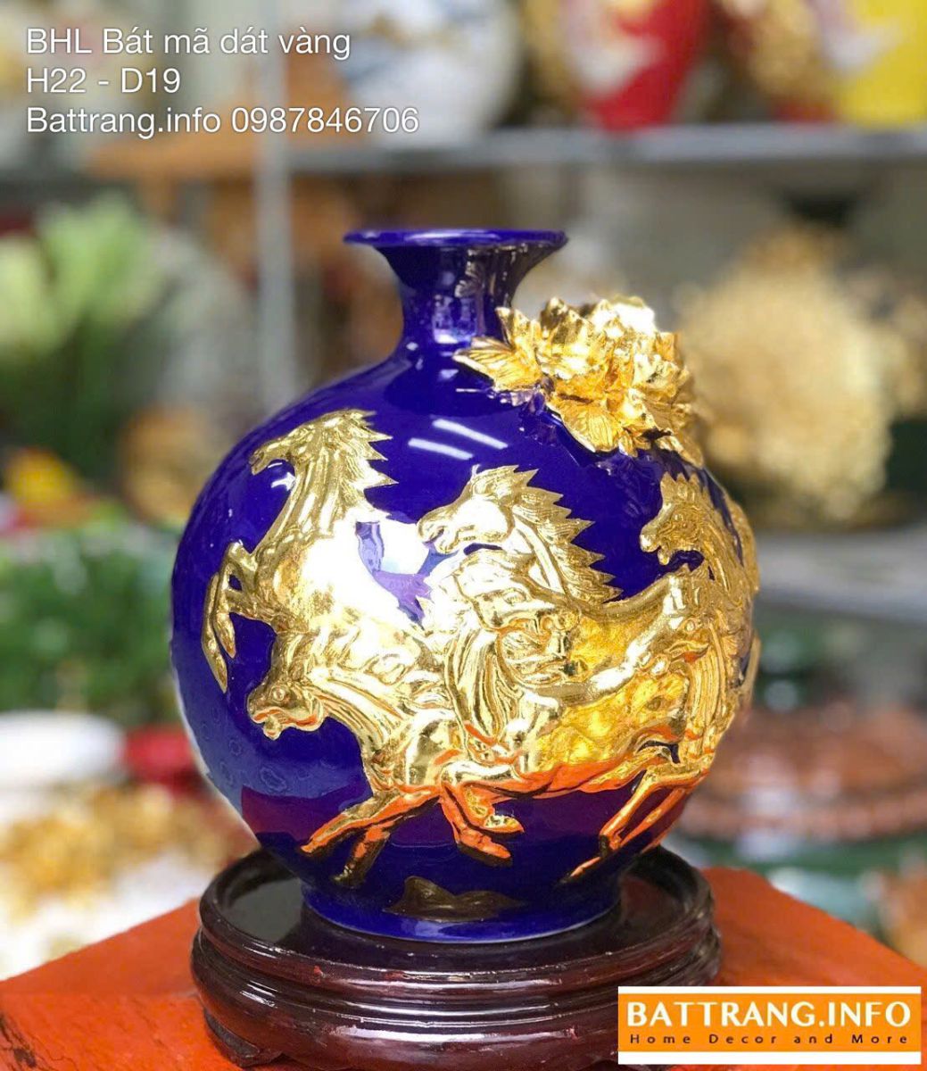 Bình Hút Lộc Mã Đáo Thành Công Men Màu Đắp Nổi Dát Vàng Cao 22cm