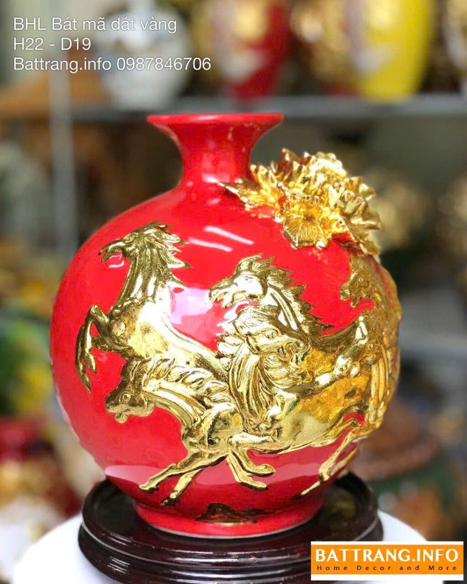 Bình Hút Lộc Mã Đáo Thành Công Men Màu Đắp Nổi Dát Vàng Cao 22cm