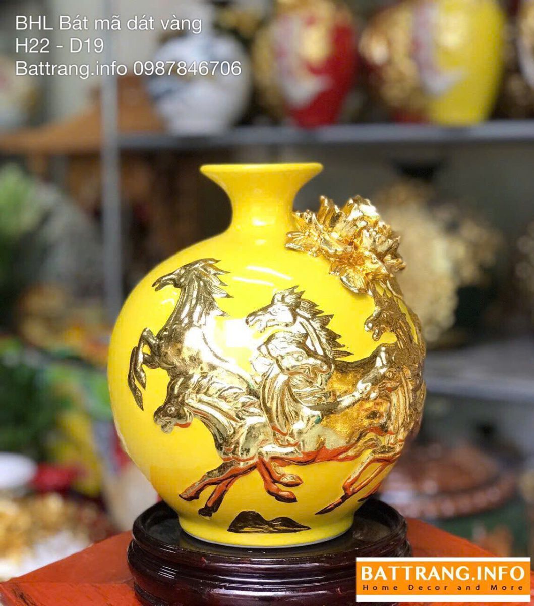 Bình Hút Lộc Mã Đáo Thành Công Men Màu Đắp Nổi Dát Vàng Cao 22cm