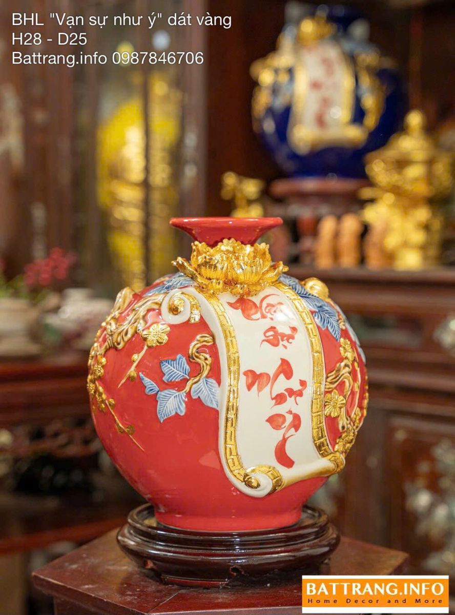 Bình Hút Tài Lộc Men Màu Đắp Nổi Chữ “Vạn Sự Như Ý” Cao 28cm Dát Vàng Cao Cấp Bát Tràng